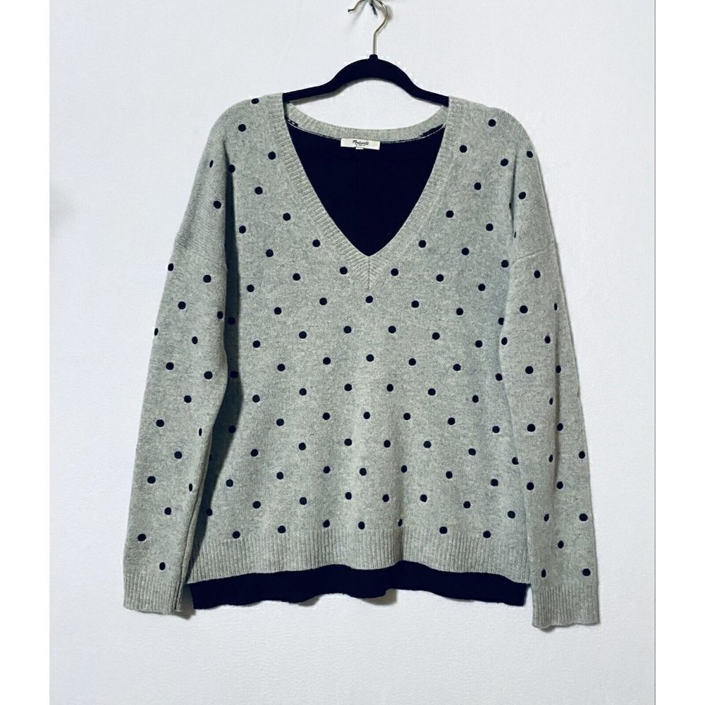 Madewell Womens Medium Spot-on Pullover Sweater Gray Black Polka Dot Merino Wool